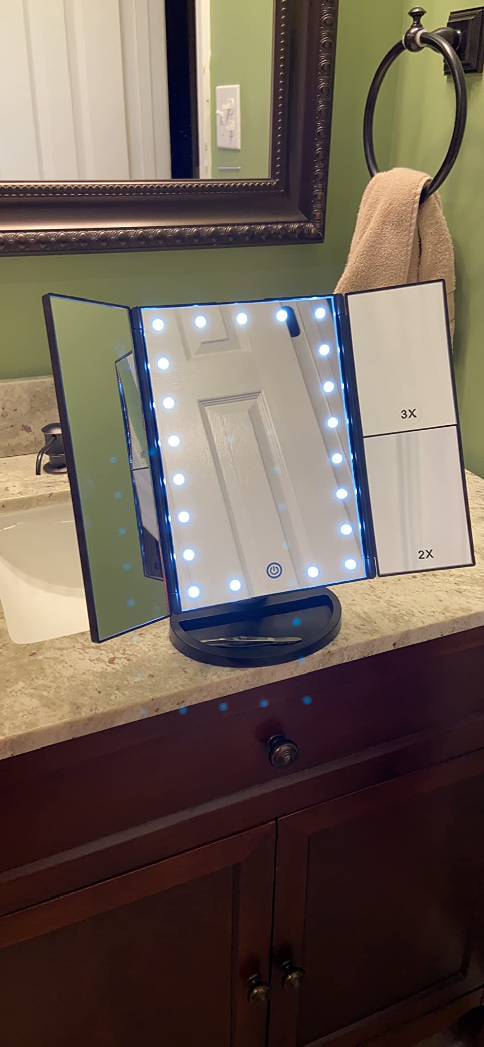 Flymiro Tri-fold Lighted Vanity Makeup Mirror with 3x/2x/1x Magnification, 21Leds Light and Touch Screen,180 Degree Free Rotation Countertop Cosmetic Mirror,Travel Makeup Mirror (Gold) customer photo 1