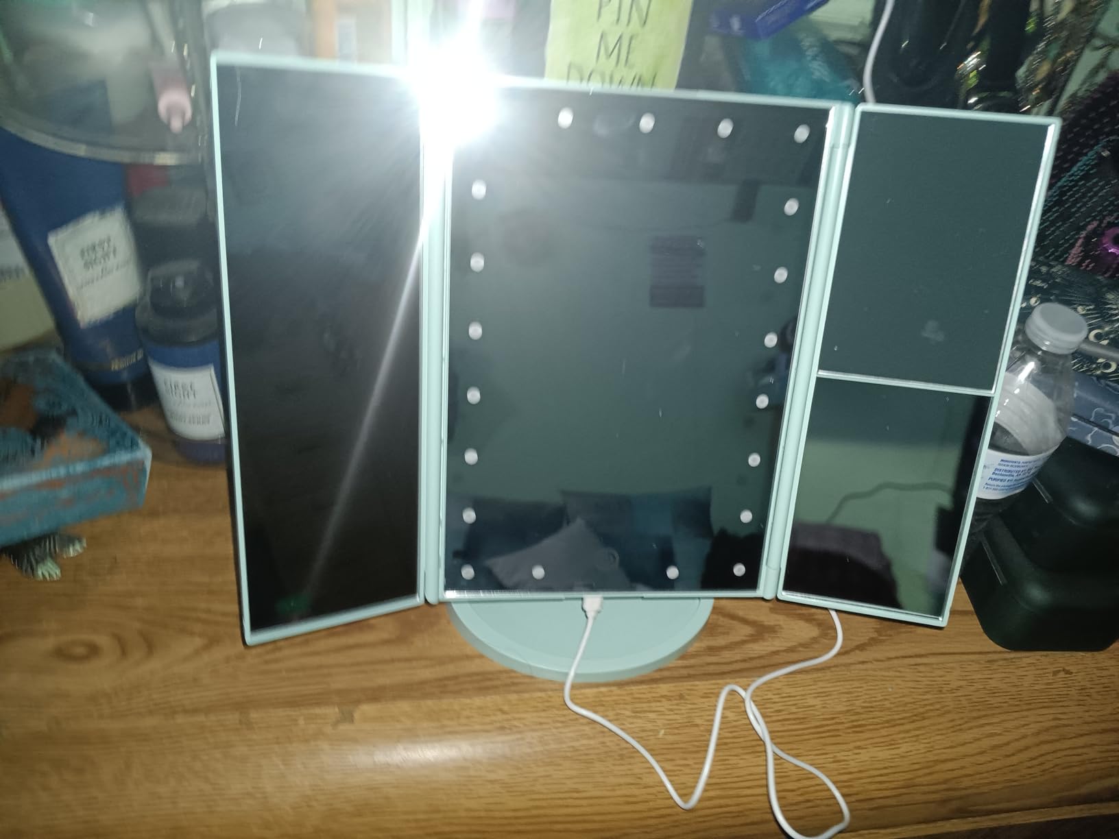 Flymiro Tri-fold Lighted Vanity Makeup Mirror with 3x/2x/1x Magnification, 21Leds Light and Touch Screen,180 Degree Free Rotation Countertop Cosmetic Mirror,Travel Makeup Mirror (Gold) customer photo 2
