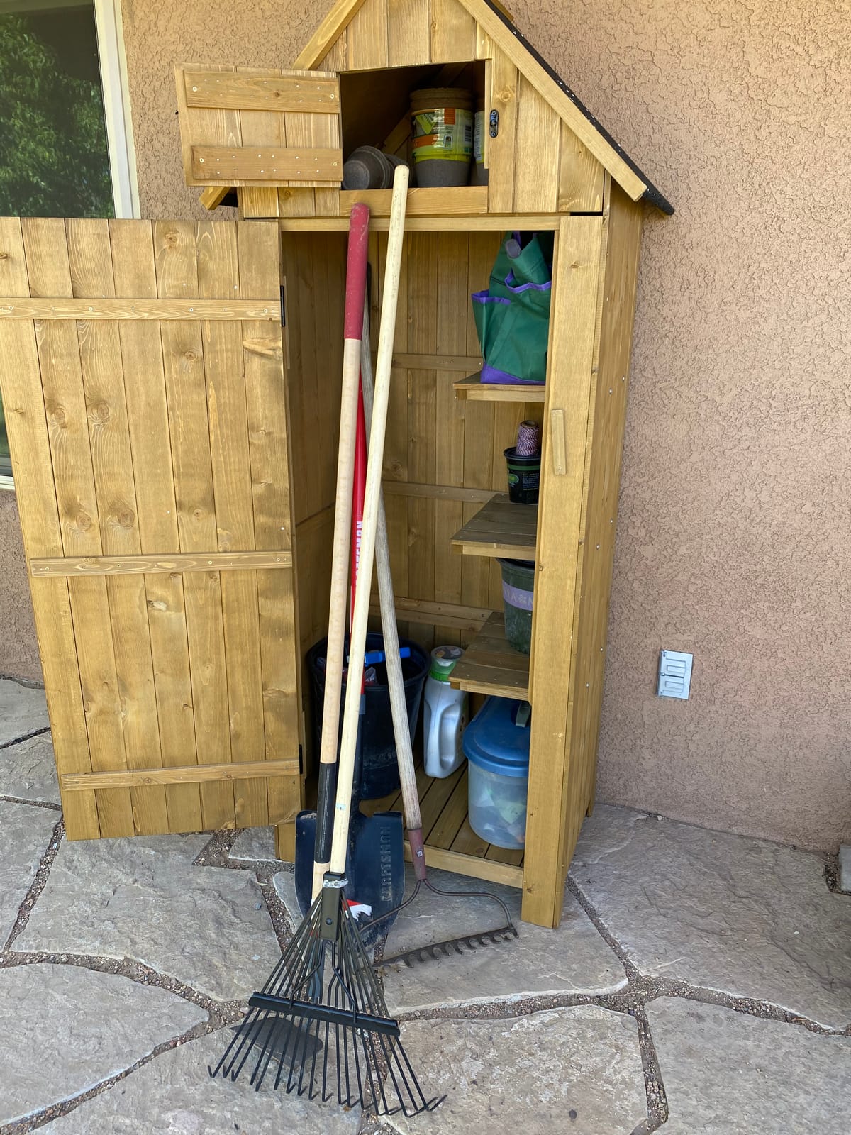 MCombo Outdoor Storage Cabinet with Shelves, Wooden Outside Storage Shed with Floor, Garden Tool Shed for Patio Yard Lawn, 0770 (Natural) customer photo 2