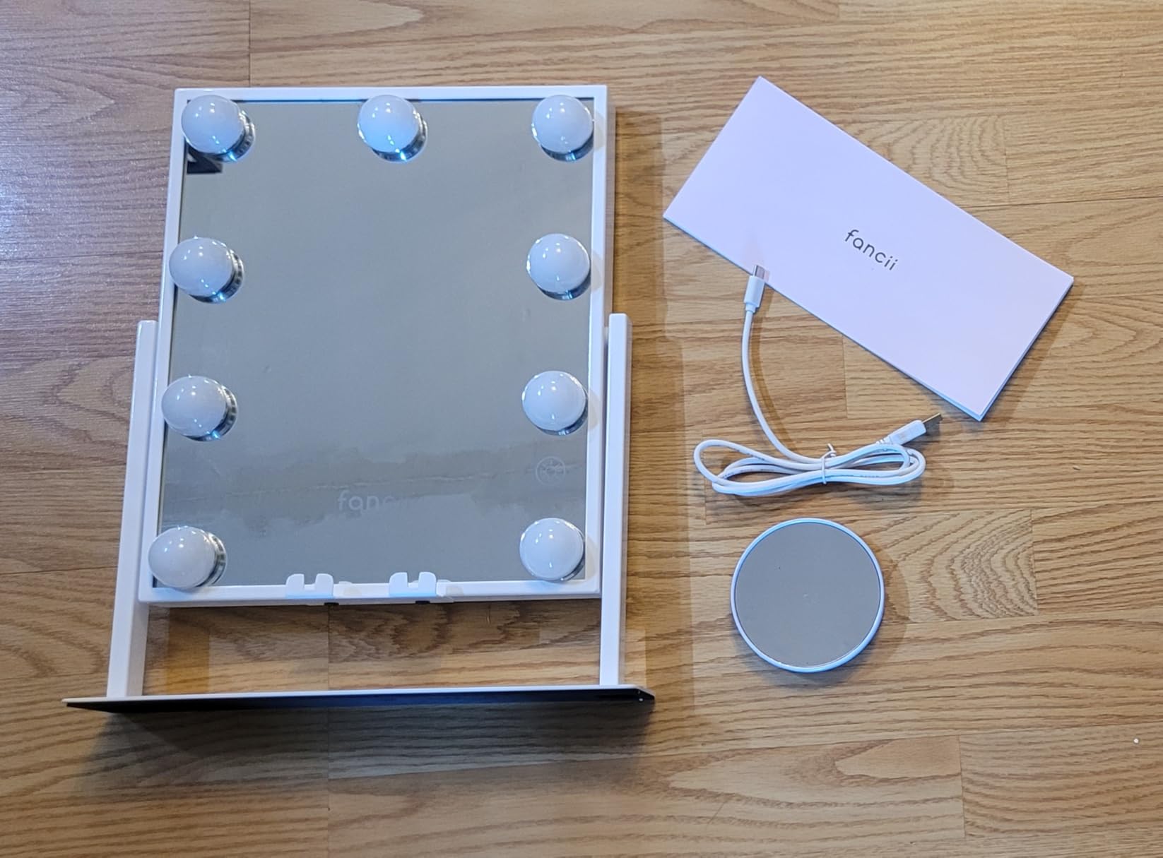 Fancii Vanity Mirror with Lights, BT Speaker, Wireless Charging - Detachable 10X Magnifying Mirror, 9 Hollywood Bulbs, LED Lighted Makeup Mirror with Phone Stand, 3 Color Modes, Adjustable Tilt customer photo 2