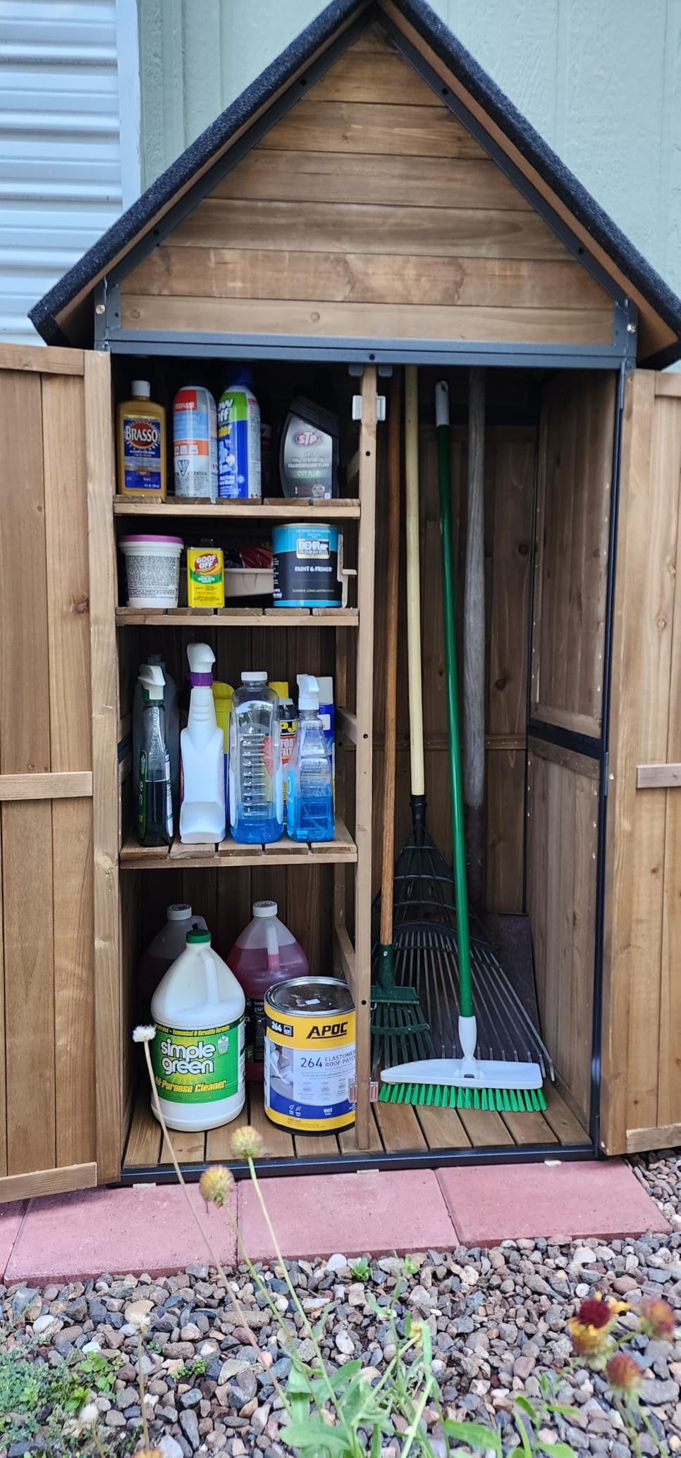 GUTINNEEN Outdoor Storage Cabinet, Upgraded with Durable Front Metal Frame Garden Shed Tool Storage Cabinet with Wooden Floor Adjustable Shelfs 2.5 x 1.4FT (Brown) customer photo 2