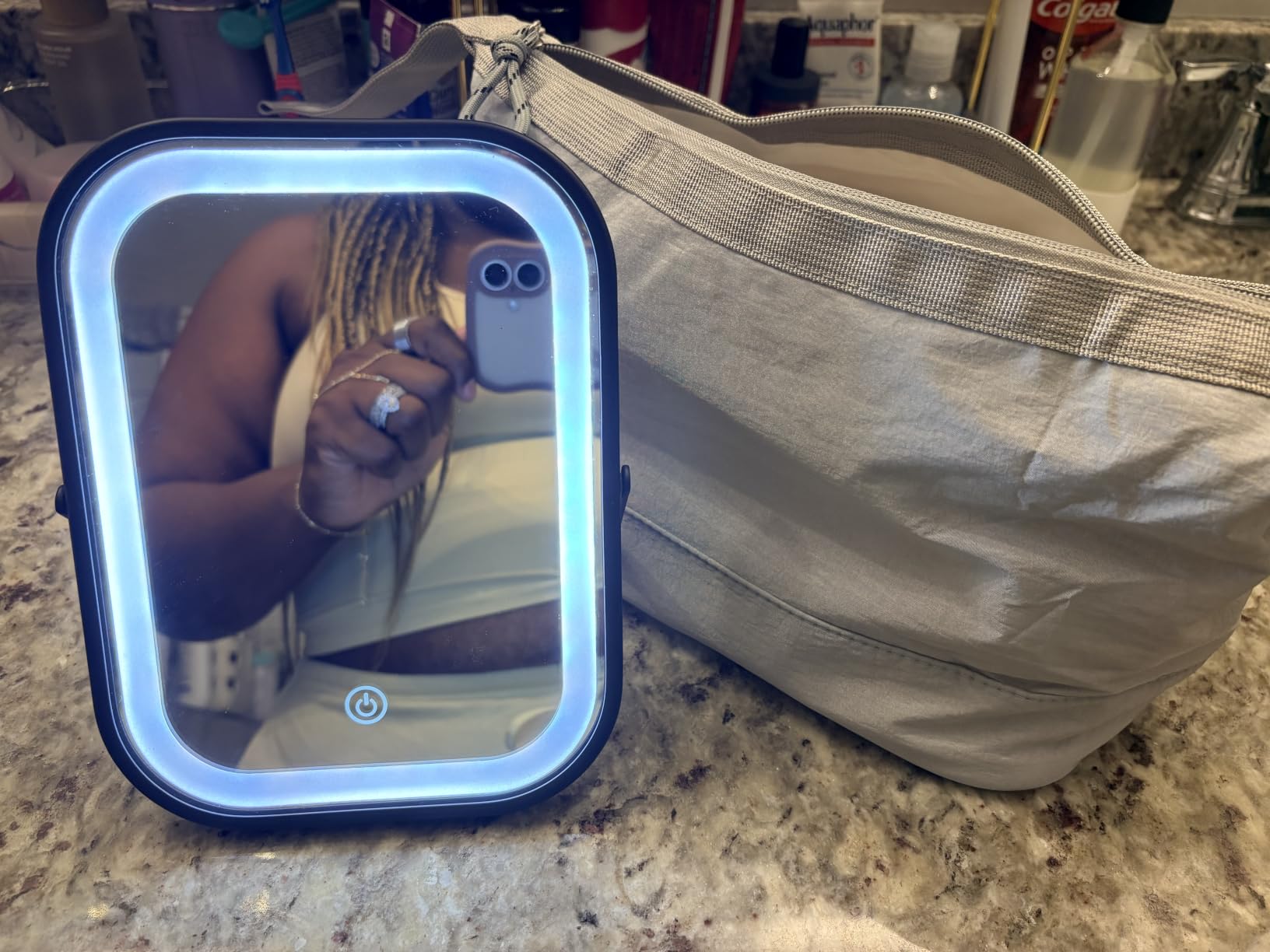 YEKKOPT Travel Makeup Mirror with Lights, Portable Small Beauty LED Vanity Mirror with Lights, 1200mAh Battery, Dimmable Touch Screen, Tabletop Folding Compact Mirror,Women Gift customer photo 1