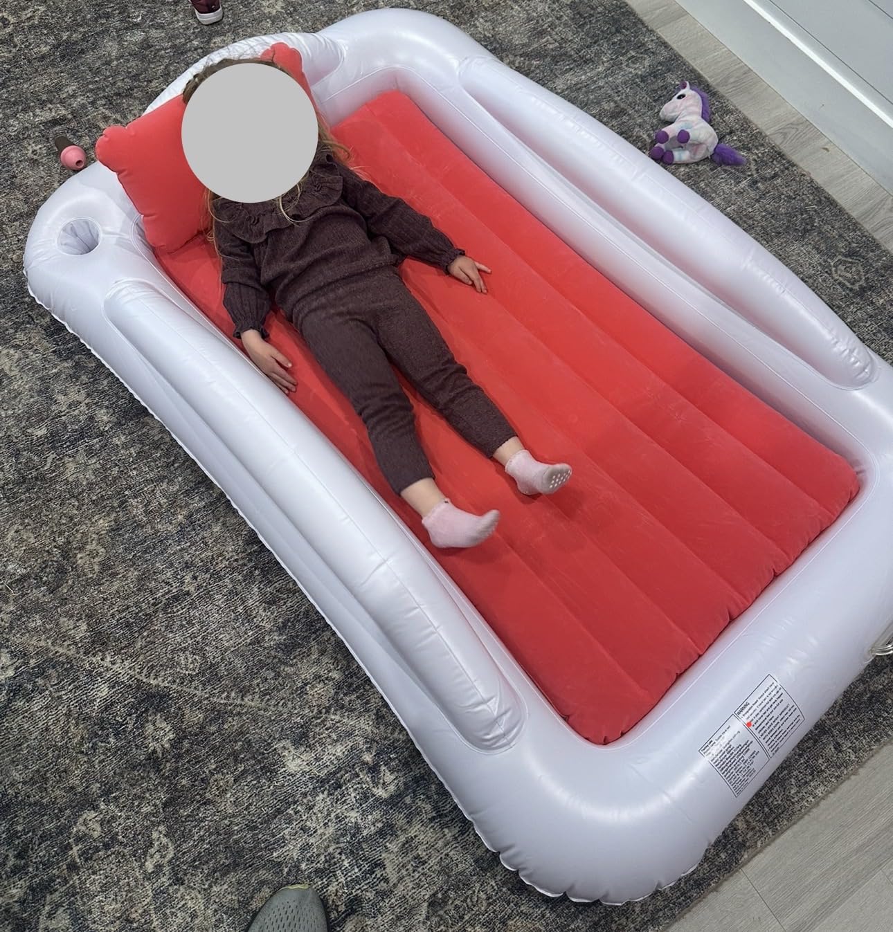 Inflatable Toddler Travel Bed - 60 Inches Portable Toddler Bed for Travel with Safety Sides - Cozy Kids Air Mattress Set with Built-in Electric Pump & Carry Case- Easy to Inflate - Sea Blue customer photo 1