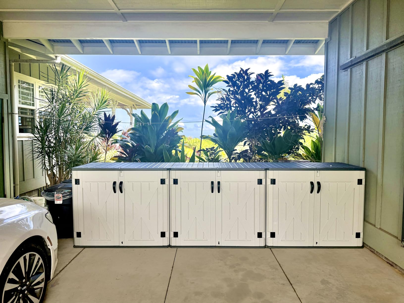 DWVO 35 Cu Ft Storage Shed with Unique X-Shaped Lockable Door, Outdoor Weatherproof Resin Shed Without Shelf for Waste Bins, Bicycles, Gardening & Lawn Equipment, Dark Gray customer photo 1