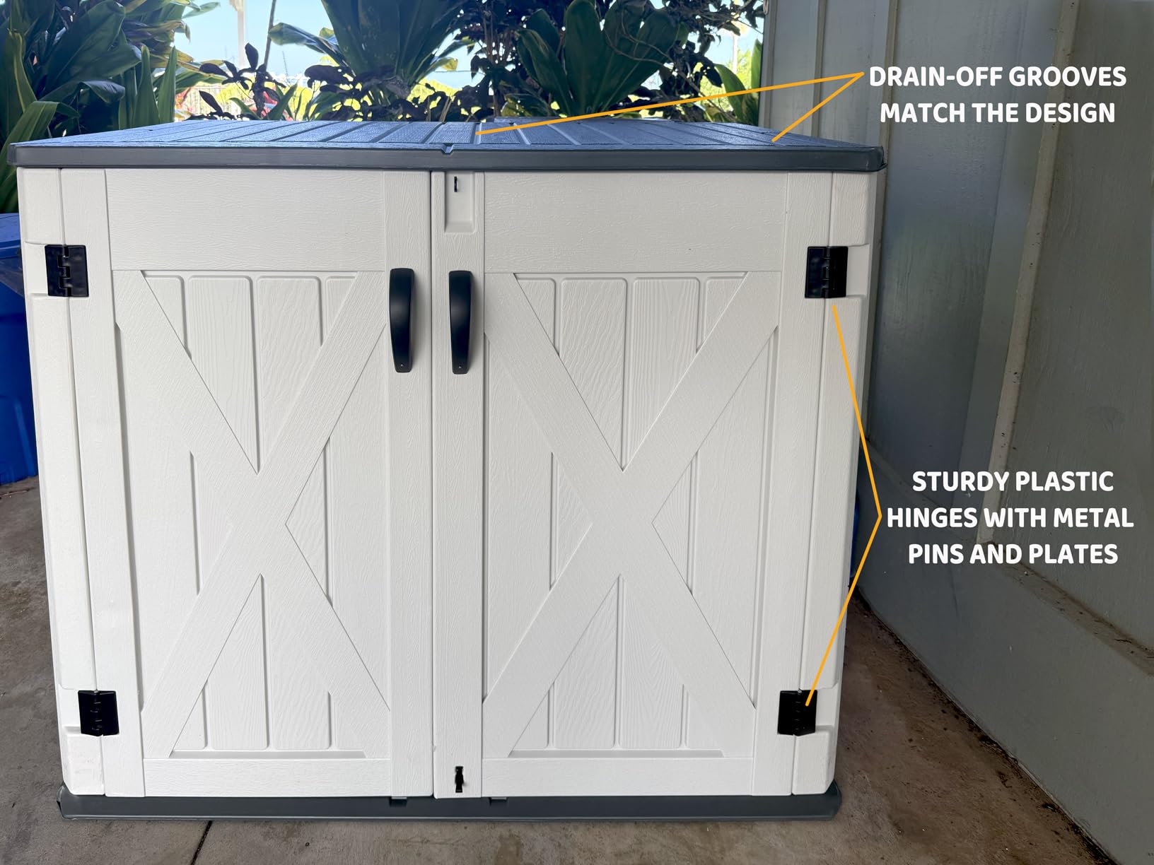 DWVO 35 Cu Ft Storage Shed with Unique X-Shaped Lockable Door, Outdoor Weatherproof Resin Shed Without Shelf for Waste Bins, Bicycles, Gardening & Lawn Equipment, Dark Gray customer photo 2