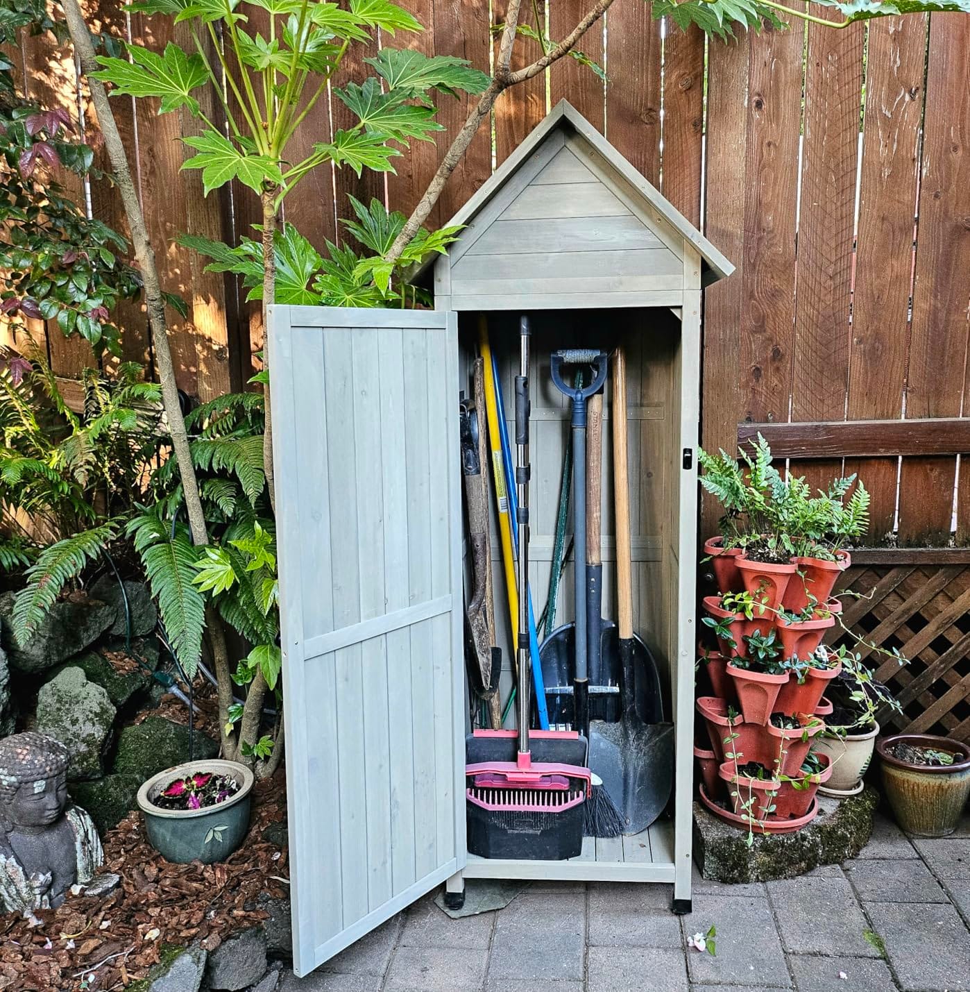 Outdoor Storage Cabinet|Waterproof Metal Roof & Wooden Vertical Design, Tall Garden Tool Shed with Multiple Shelves for Patio, Backyard, Lawn, Yard,Outdoor Storage shed customer photo 1