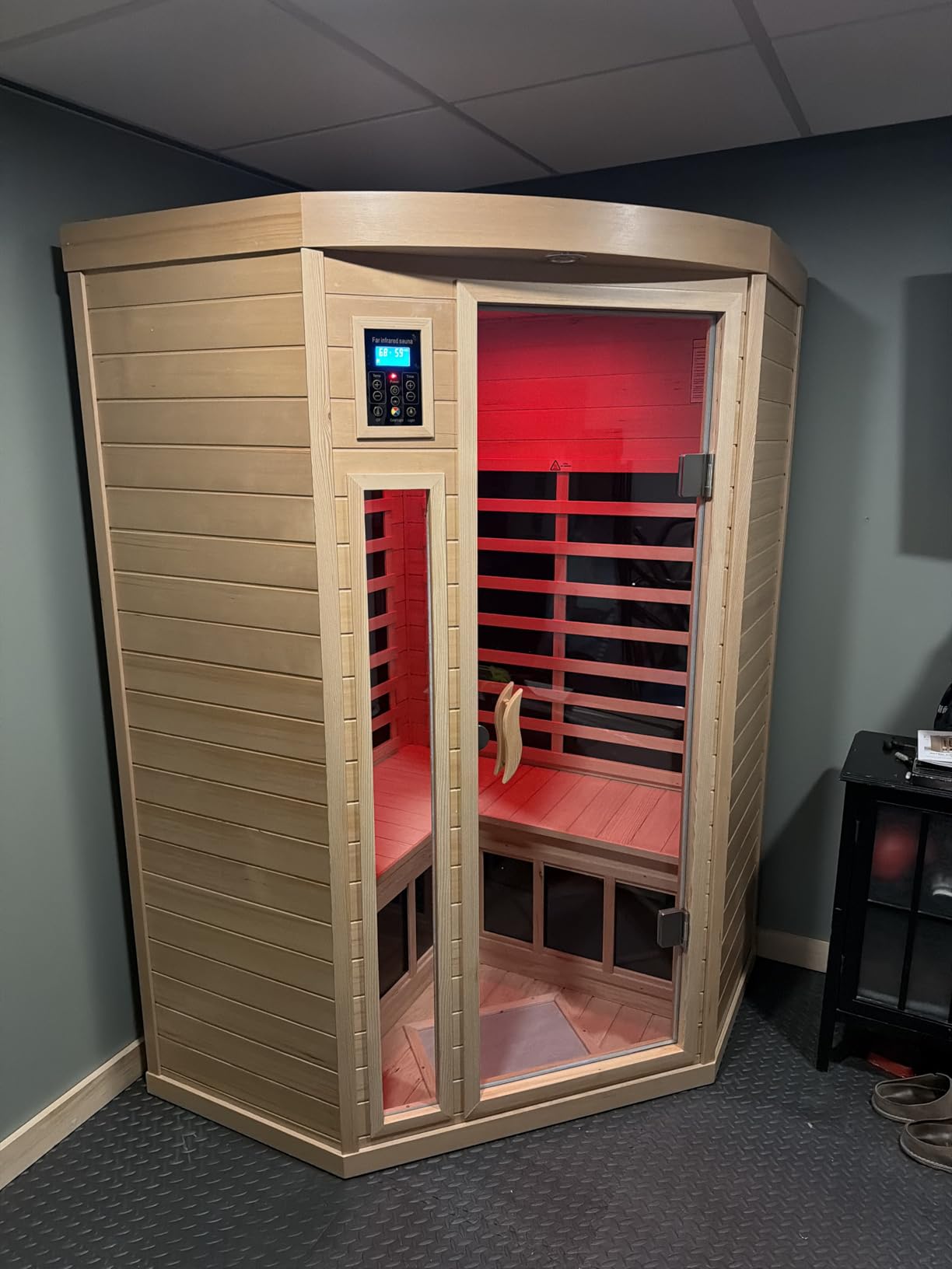 2 Person Infrared Sauna 0-5mG Ultra Low EMF Infrared Sauna Far Infrared Sauna Canadian Hemlock Indoor Corner Sauna with Front Door Heating Panel, Chromotherapy Light customer photo 1