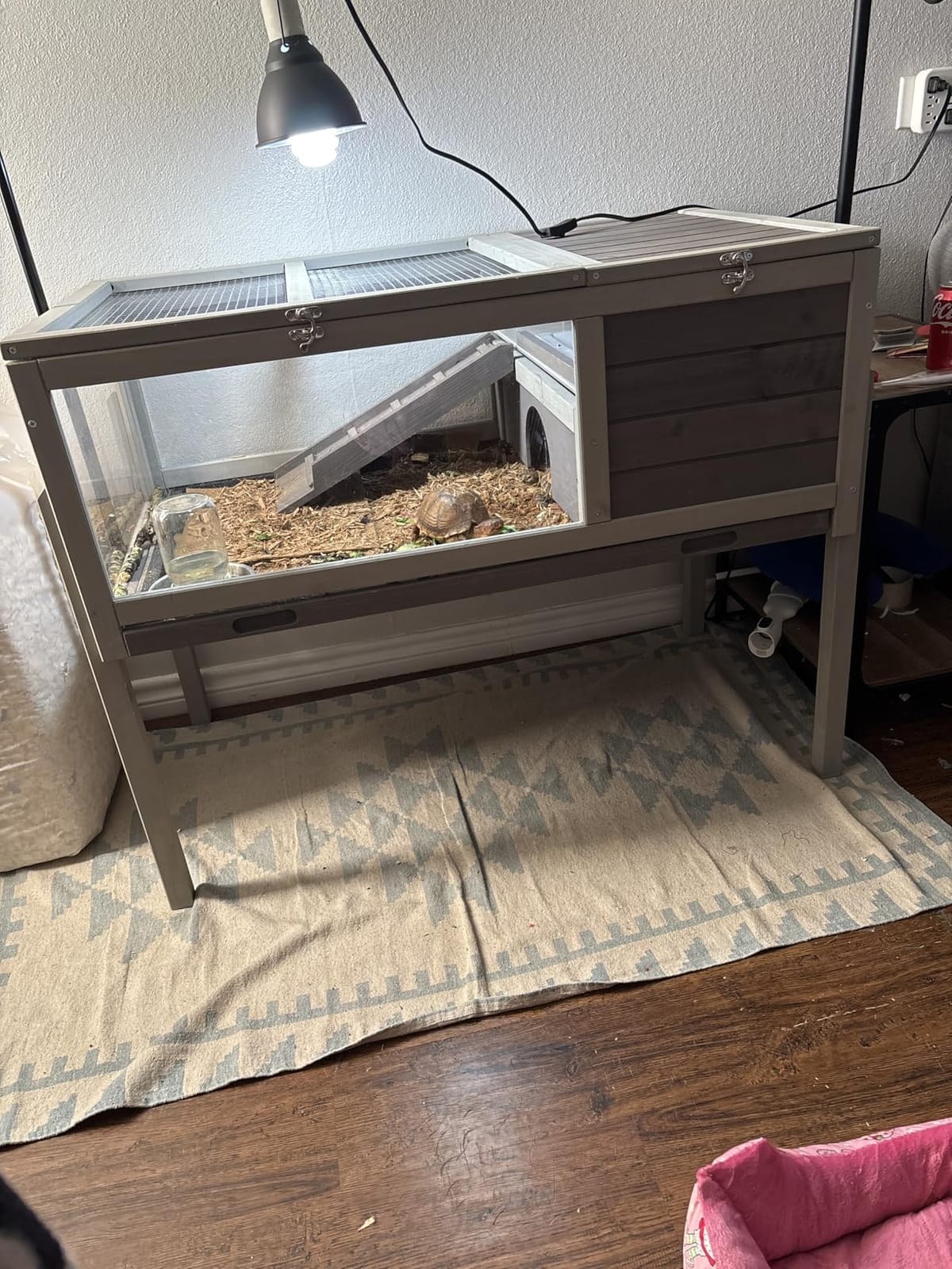 BIRASIL Wood Tortoise Enclosure with Adjustable Light Stand,2-Tier Habitat Reptile Cage with Swimming Area Feeding Area, Tortoises House for Small Animals Lizards Hamster (Gray/White) customer photo 1