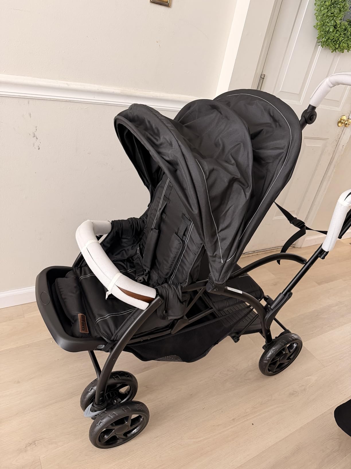 INFANS Sit and Stand Double Stroller, Foldable Tandem with Standing Platform Reclining Backrest, Adjustable Handlebar and Footrest, Storage Basket 5-Point Harnesses, Baby Pushchair for Toddlers customer photo 1