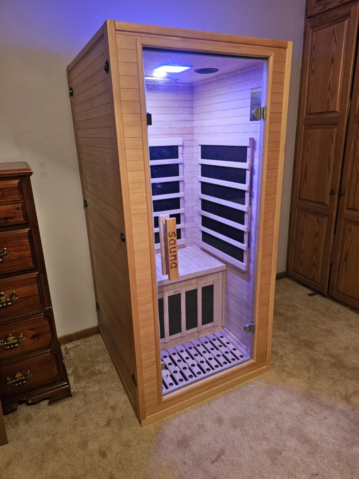 1 Person Far Infrared Home Sauna, Mini Canadian Hemlock Wood Sauna, 110V 900W, 5 Low EMF Carbon Heaters, 140°F Max, Bluetooth Speaker, 30-Min Setup, Compact Indoor Sauna, 32.3